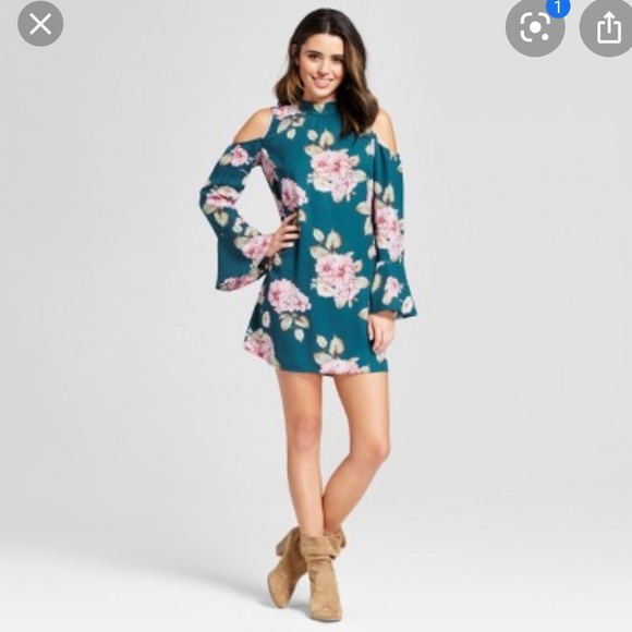 Xhilaration Dresses & Skirts - Teal floral cold shoulder lace back dress